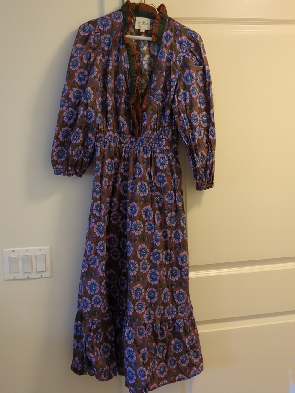 Umgee Brown Dress with Blue Floral Print and Rust Trim